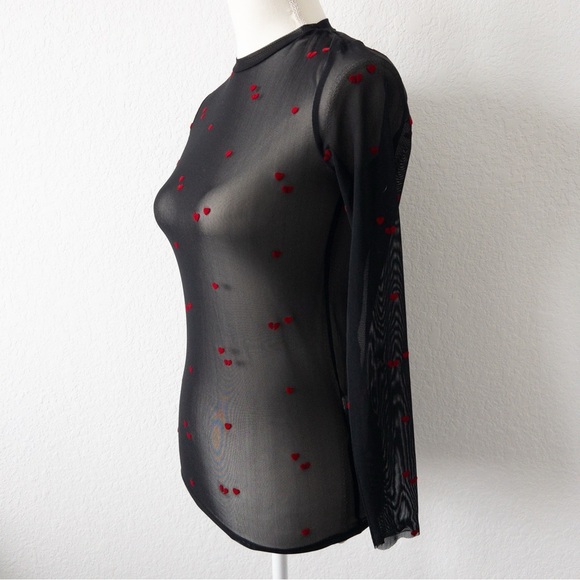 Stradivarius Long Sleeve Stretch Black Mesh Top with Heart Print Size Small - Picture 5 of 9